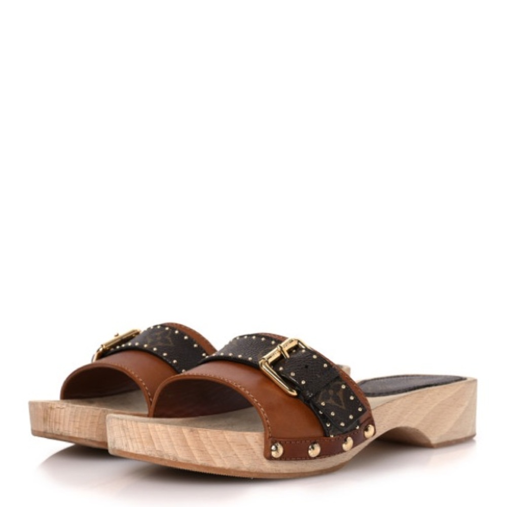 LOUIS VUITTON Brown Leather LV Monogram Cottage Mule Wood Clog Sandals 6.5 - Picture 4 of 17